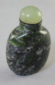 A Chinese green sea sediment jasper snuff bottle, 6.5cm., stopper