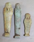 Three Egyptian turquoise lathed pottery ushabti, 7th-5th century B.C., tallest 3.75in.