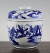 A Chinese blue and white `U` shaped jar and cover, in Kangxi style, painted with sages in river