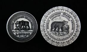Two black transfer printed Bears Grease pot lids, mid 19th century, the first for James Atkinsons
