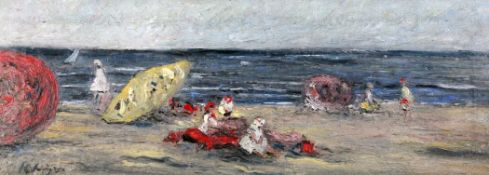 Manner of Eugène Boudin (1824-1898)oil on canvas,Figures on a beach,signed,8.75 x 23.5in.