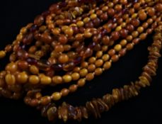 Eight reconstituted amber necklaces, six with gilt metal clasps, of varying sizes, with oval,