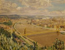 Louis Le Breton (French early 20th century)oil on panel,Budapest from Mount Gellert,signed,