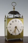 A 19th century French brass pendule d`officier, with enamelled arabic dial and repeat alarum, 11in.