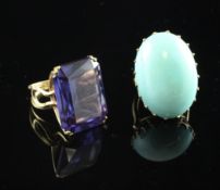 A middle eastern gold and synthetic corundum dress ring, size J, a similar set gold oval pendant and