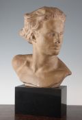 G. Goti. A French terracotta head of a man, signed on ebonised plinth, overall 17in.