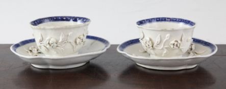 A pair of unusual Chinese export blue and white tea bowls and saucers, Qianlong period, each of