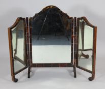 A large tortoiseshell veneered triple dressing table mirror, with bevelled plate glass, stand 2ft