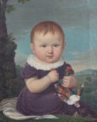 19th century Swedish Schooloil on canvas,Portrait of an infant holding a harlequin doll,signed `