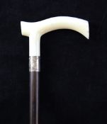 An ivory handled hardwood walking cane, with silver collar, hallmarks for FN, Birmingham 1947,