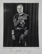 A signed photograph of Lord Mountbatten of Burma, with inscription to a Mrs Dias, 9.5 x 7.5in.