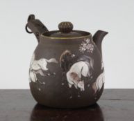 A Chinese Yixing enamelled pottery wine pot, decorated with six horses, with right angled pierced