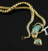 A Victorian gold, diamond and turquoise set serpent necklace, with "scale" links and serpent head
