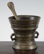 A mid 17th century Dutch bronze mortar, inscribed "LOF GODT VAN AL" and dated Anno 1662, 5.75in. (