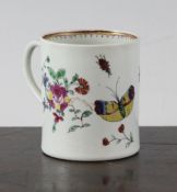 An English porcelain coffee can, c.1760, probably Richard Chaffers, painted with a butterfly and