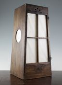 A Japanese softwood oil lantern, 19th century, of square tapered form, with paper covered windows to