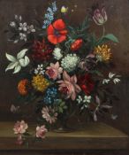 English Schooloil on canvas,Still life of flowers in a vase on a ledge,24 x 19.5in.