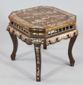 A late 19th century Chinese rosewood and bone inlaid stand, the octagonal top on scroll legs, W.