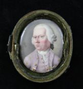 J.H. 1773enamel on copper,Miniature of a gentleman wearing a lilac coat,monogrammed and dated 1773,