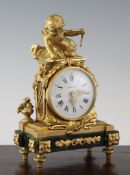 A French ormolu mantel timepiece, surmounted with a figure of Cupid, with later dial, signed Charles