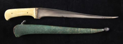 An 18th century Persian walrus ivory knife - Pesh-Kabz, with steel blade, inset with floral
