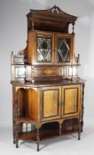 An Edwardian rosewood and marquetry inlaid side cabinet, the back with two glazed doors over