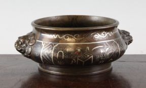 A Chinese inlaid bronze censer, 19th century, decorated with figures in landscapes with trellis