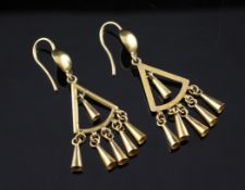 A pair of middle eastern gold fringe drop earrings, of open triangular form, 8.1 grams, 2.25in.