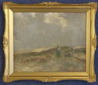 George Boyle (Exh. 1880-95)oil on board,Shepherd and flock in a winter landscape,9.75 x 11.75in.