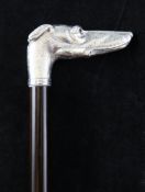 A modern silver handled walking cane, the handled modelled as a dog`s head with glass eyes,