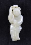 A Chinese green jade figure, 19th century, holding a basket with a flower above her head, approx.