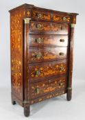 A 19th century Dutch mahogany inlaid chest, of six drawers with side pillars and brass mounts, W.3ft