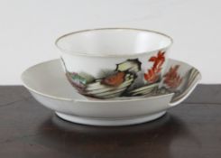 A rare Chinese export famille rose teabowl and saucer, Qianlong period, each painted with geese on