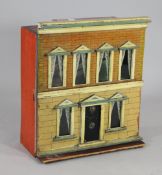 A late 19th century G & R Lines flat front box back doll`s house, with six windows and paper