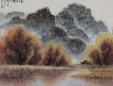 20th century Chinese Schoolwatercolour on paper,Autumnal trees in a mountainous landscape,
