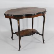 A late Victorian inlaid rosewood two tier centre table, W.3ft