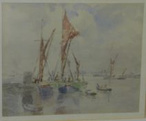 Philip Connard (1875-1958)watercolour,`Barges in the Lower Thames`,signed,7.25 x 9in.