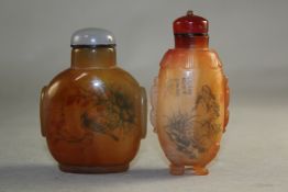 Two Chinese inside painted chalcedony snuff bottles, the first carved with scroll handles and four