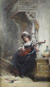 Davidson Knowles (1878-1909)oil on canvas,17th century interior with girl playing a mandolin,