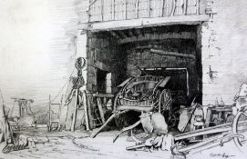Adrian Hill (1895-1977)pencil drawing,Carts in a barn,signed,12 x 19in.