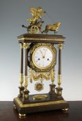 A 19th century French bronze and ormolu portico clock, with Cupid in a chariot surmount and