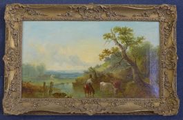 Mid 19th century English Schooloil on canvas,Landscape with drover watering cattle,15 x 26in.