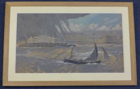 Charles Pears (1873-1958)oil and gouache on card,Fishing boat off the pier at Brighton with The
