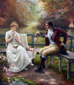 Charles E. Elvyoil on canvas,Lovers in a garden,signed and dated 1893,18 x 16in.