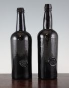 Two Trinity College Common Room sealed wine bottles, first half of 19th century, 11.25in. and 11.