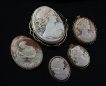 Four gold mounted oval cameo brooches, each carved with the head of a classical maiden, 2.5in et