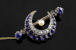 A gold, diamond, cultured pearl and sapphire set crescent bar brooch, 1.25in.