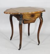 A late 19th century Continental amboyna and rosewood crossbanded drop leaf work table, the