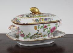 A Spode Stone China twin peacock pattern sauce tureen, cover and stand, c.1810, with gilt