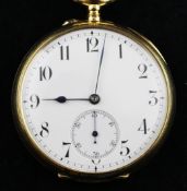 A George V 18ct gold keyless lever pocket watch, with Roman dial and subsidiary seconds, "Examined